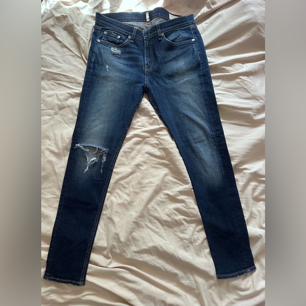 rag & bone Women's Skinny Jeans in Dark Blue with Distressed Knee